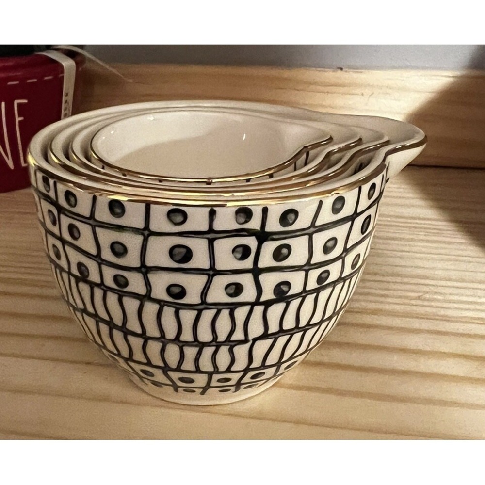 Geometric Ceramic Nesting measuring Cups Black & White With  Gold trim